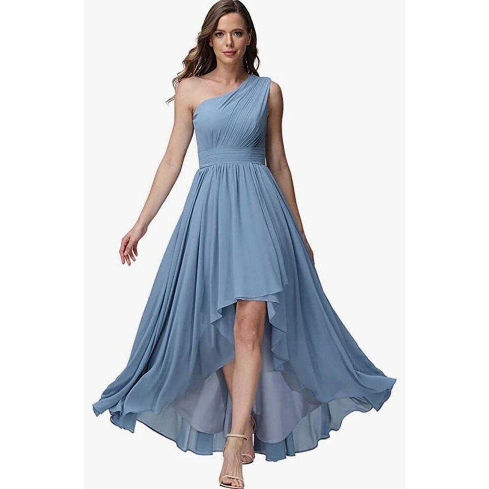 Women Light Blue Chiffon One Shoulder Prom Bridesmaid's Gown Size 16